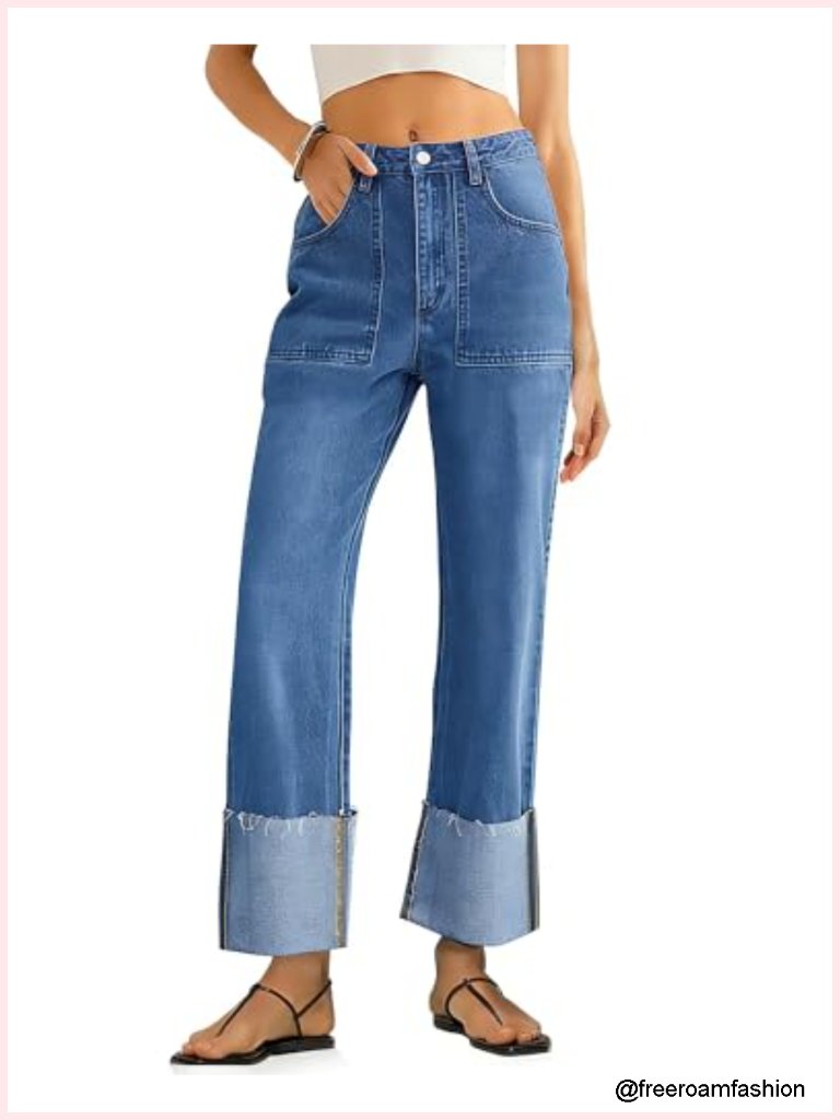 High Waisted Baggy Cuffed Jeans Wide Leg Boyfriend Denim Pants Deep Pockets